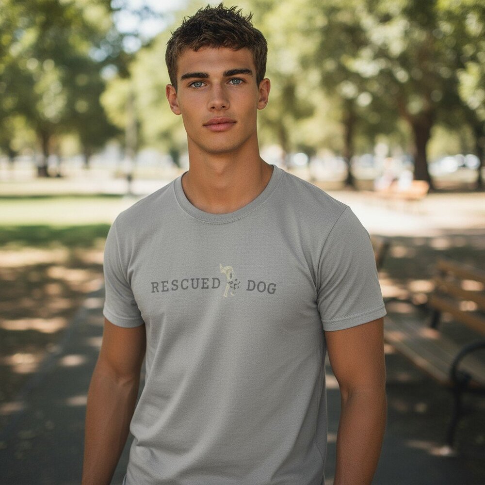 RESCUED BY A DOG Tee M Gray Dog Lover Shirt Rescue Puppy Dog Mom Dad Gift - Picture 3 of 9